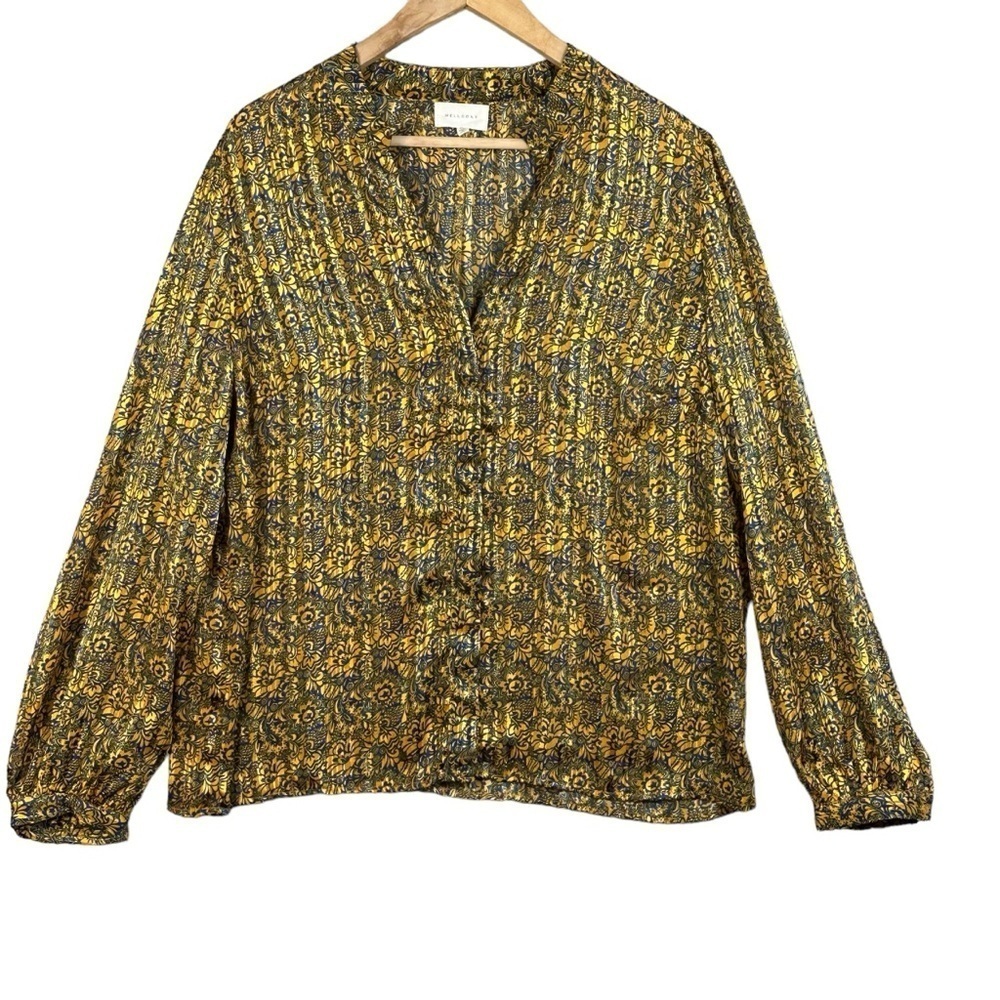 Melloday Floral Metallic Blouse Yellow Gold Button up Size XLarge